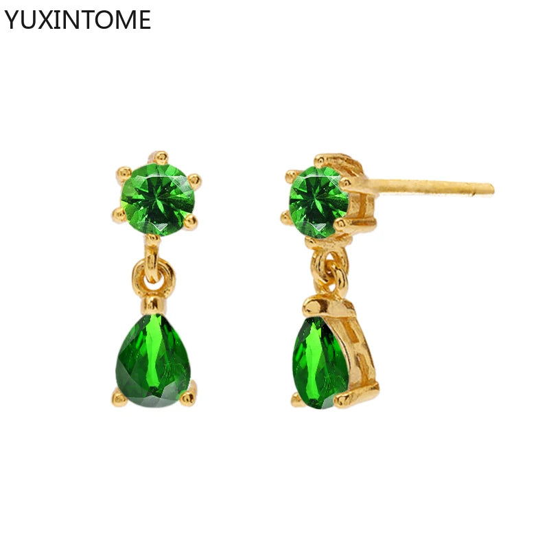 925 Sterling Silver Ear Needle Green Zircon Stud Earrings for Women Luxury Long Chain Geometric Gold Earrings Fashion Jewelry