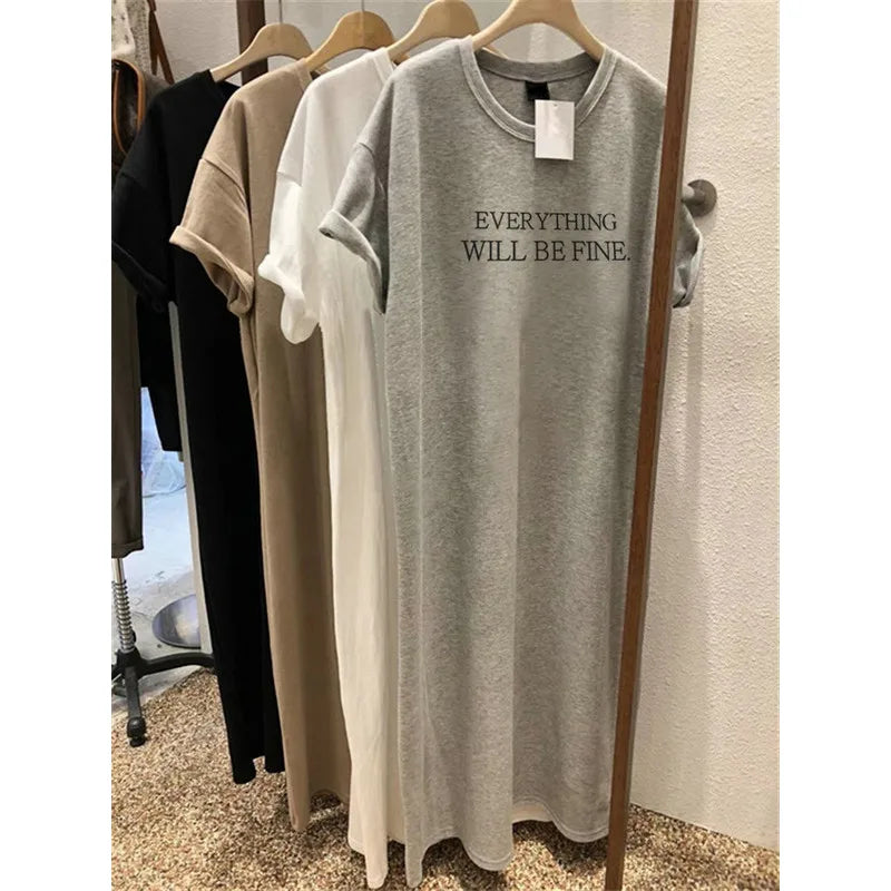 Summer Thin Plus Size Loose Short Sleeved Dress Women 2025 New Letter Printed Simple Round Neck Dress
