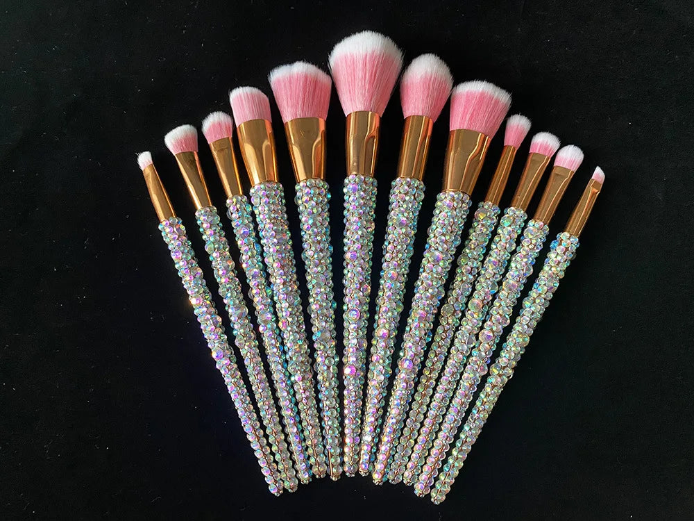 12Pcs/set Diamond-studded Makeup Brushes Gems Makeup Beauty Tools Full Diamond Loose Powder Foundation Concealer Brush Bling
