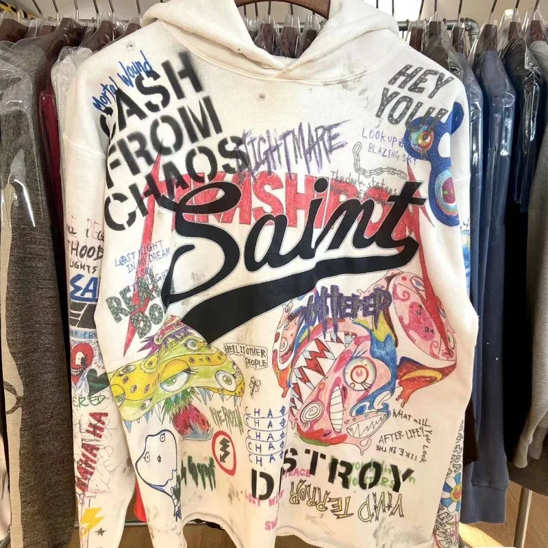 Saint Graffiti Loose Hoodie High Street Women's Men's Casual Full Print Hoody Sweatshirts Haikyuu