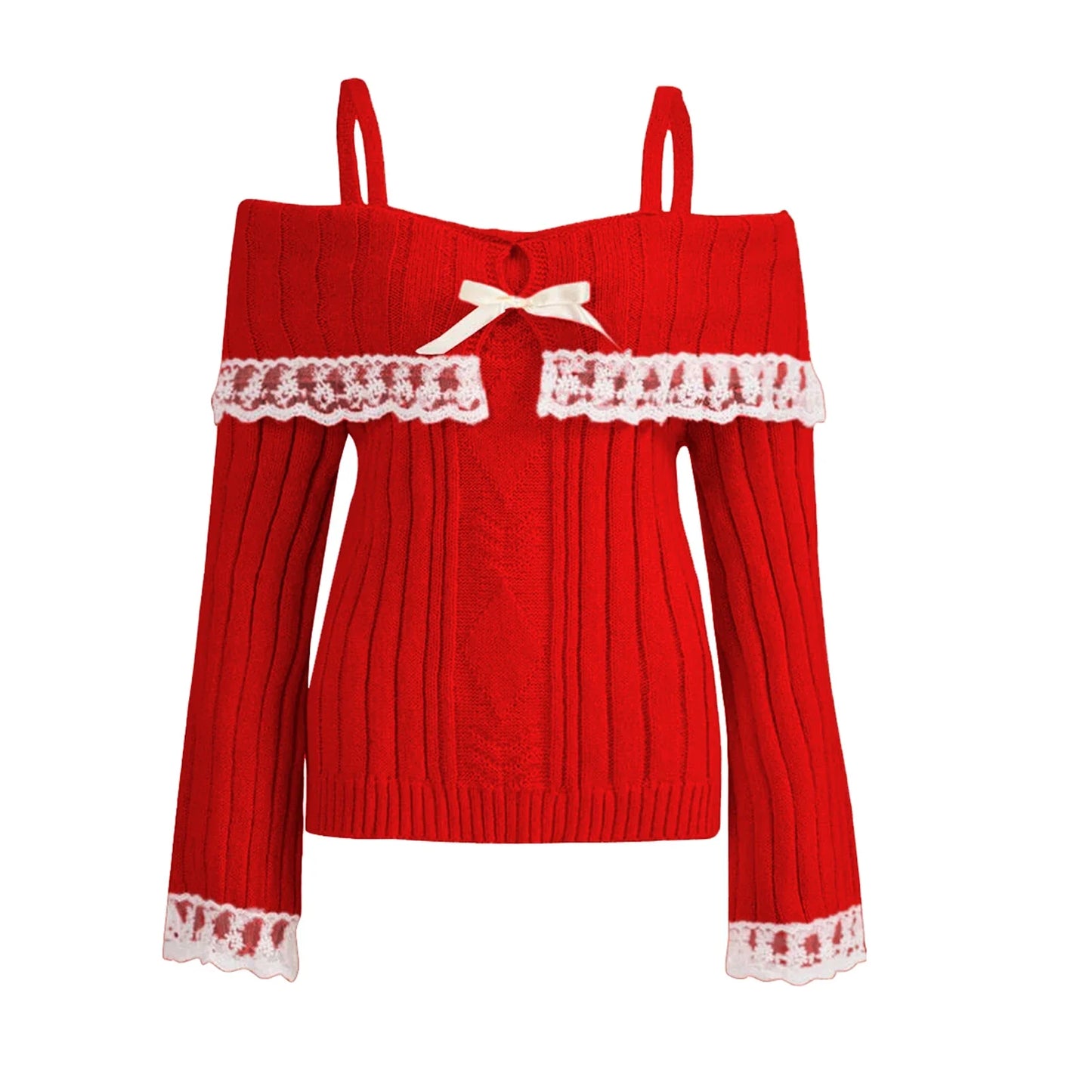 Women Long Sleeve Contrast Lace Knit Pullovers Autumn Winter Cold Shoulder Sweaters Bow Front Jumper Tops Beige/Pink