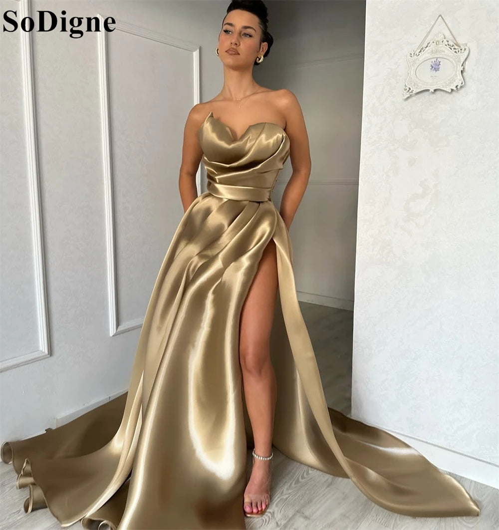 SoDigne Sexy Champagne Evening Dresses A-Line Draped High Split Strapless Pleated Party Dress 2025 Elegant Prom Gowns Customized
