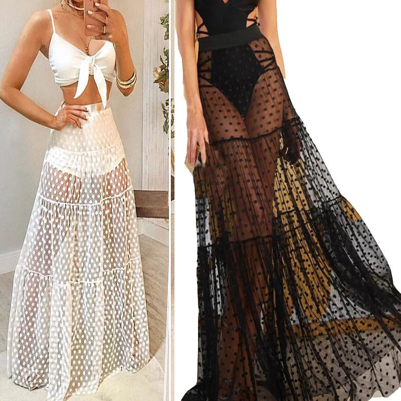 Y2K Korean Style Fashion Floor-Length Long Skirt Summer A-Line Mesh See Through polka Dot Skirt Women High Waist Lace Maxi Skirt