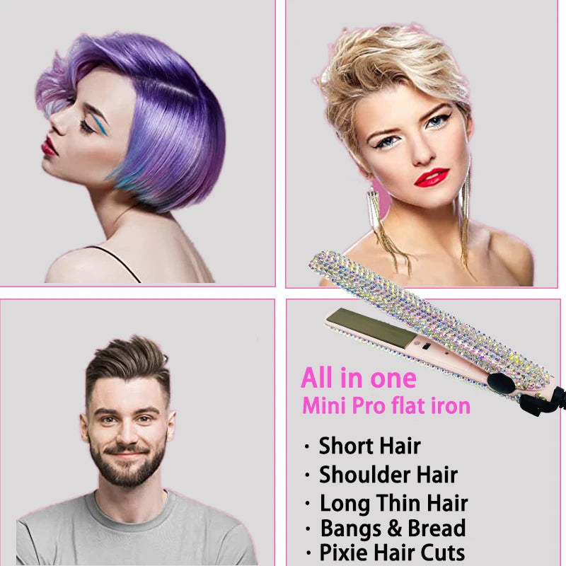Hair Straightener Mini Flat Iron Curler With Diamonds 2 in 1 Portable Mini Bangs Tourmaline Plate Flat Iron For Short Hair
