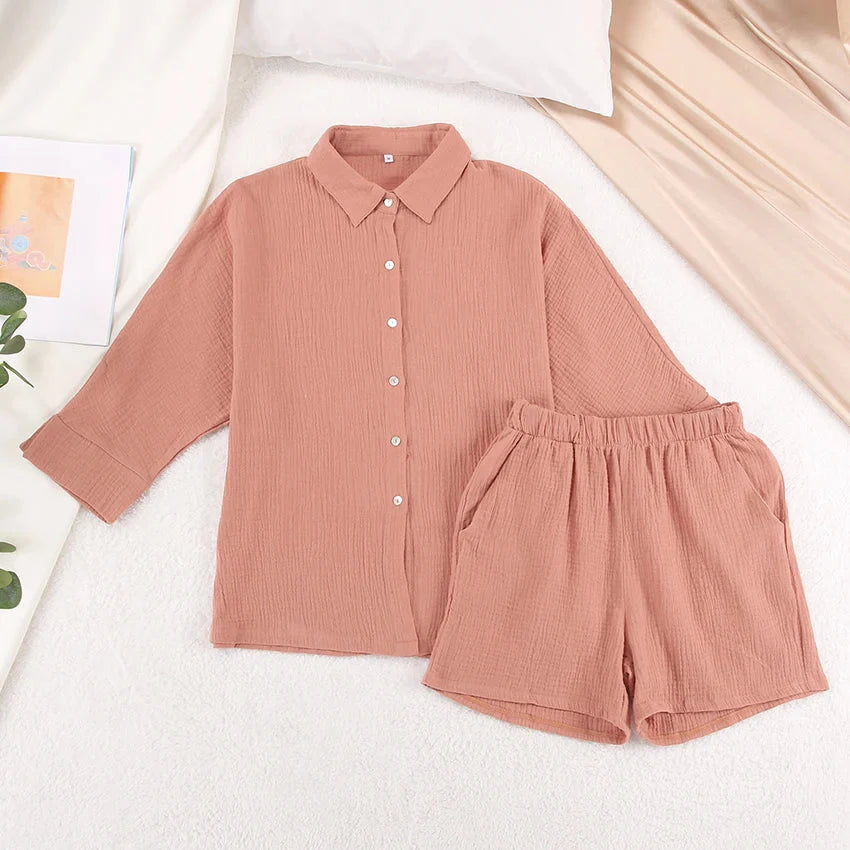 Women's Cotton Pajama Set Casual Collar Sleepwear Suit