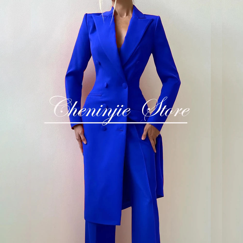 Customized Elegant Slim Fit Women's Suits 2 Piece Blazer Double Breasted Peak Lapel Long Jacket Pants Sets Fashion Clothing 2025