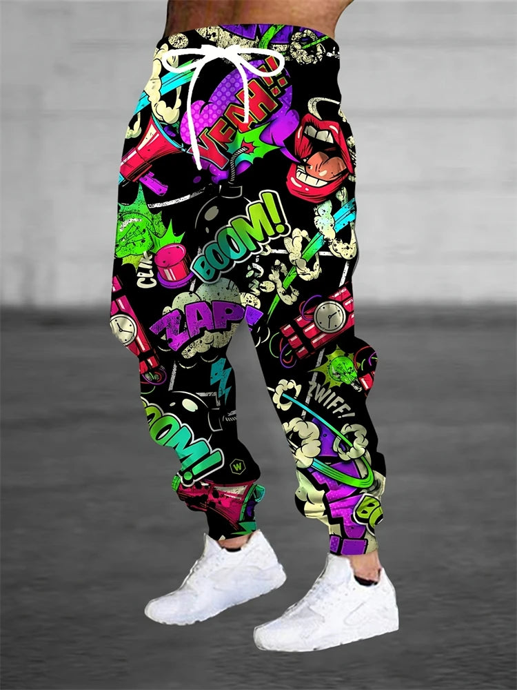 Men's Casual Pants Fashion 3D Colorful Graffiti Print Outdoor Trend Drawstring Pants Large Size Men's Hip Hop Pants