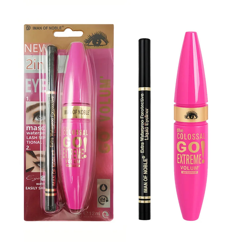 Mascara with Eyeliner Combo Black Slim Drawing Line Smooth Definition Long Lasting Waterproof Eye Makeup 2 Pcs Set