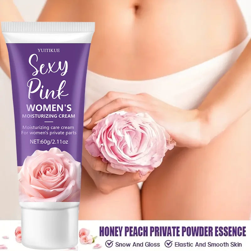 Tube of 'Sexy Pink Women's Moisturizing Cream' with pink roses and a blurred background