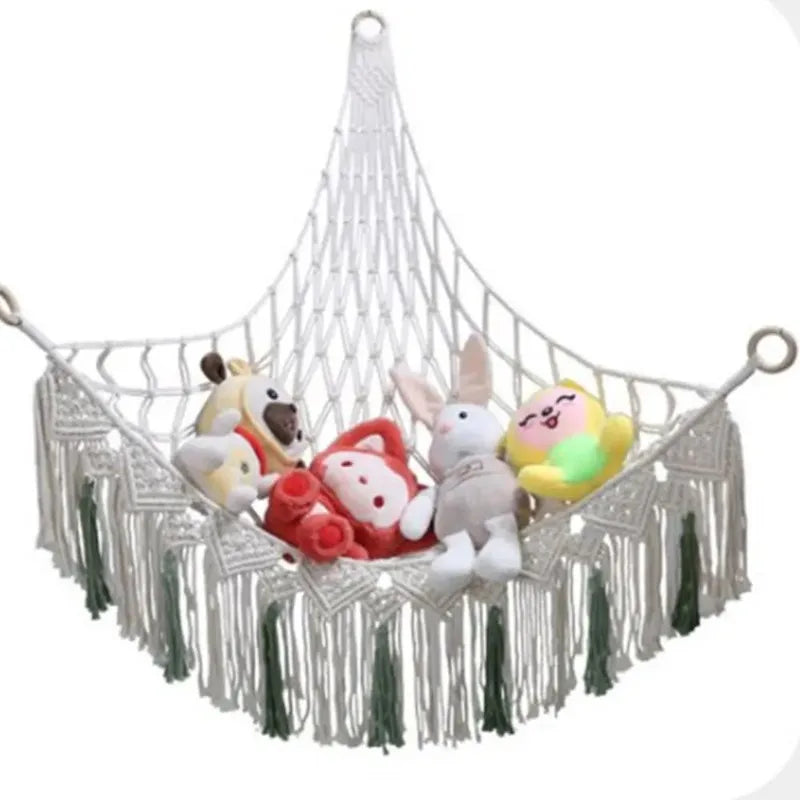 1PC-white plush toy hammock net, bohemian weave, plush toy storage rack, space saving, large capacity, corner hanging net