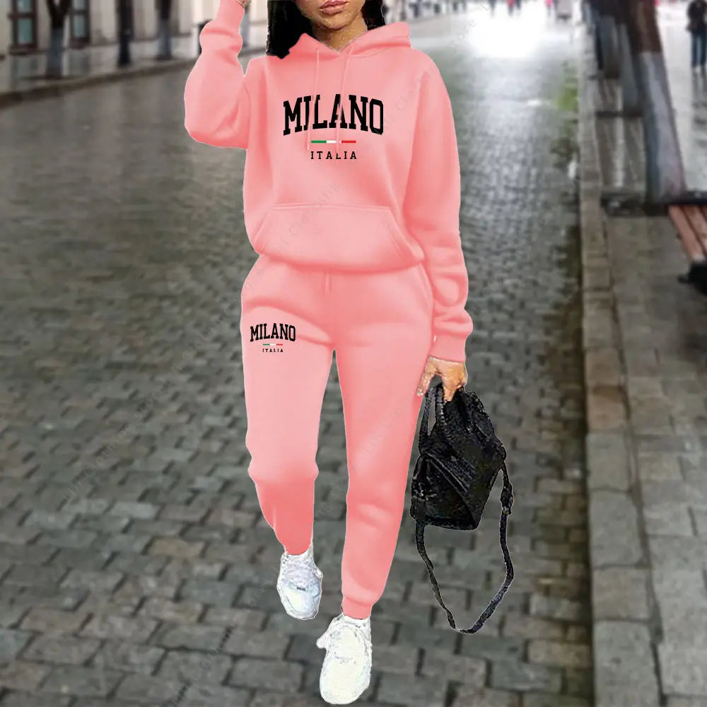 2pcs MILANO Letter Print Women’s Hoodie & Pants Tracksuit Set Sweatsuits in a Variety of Colors