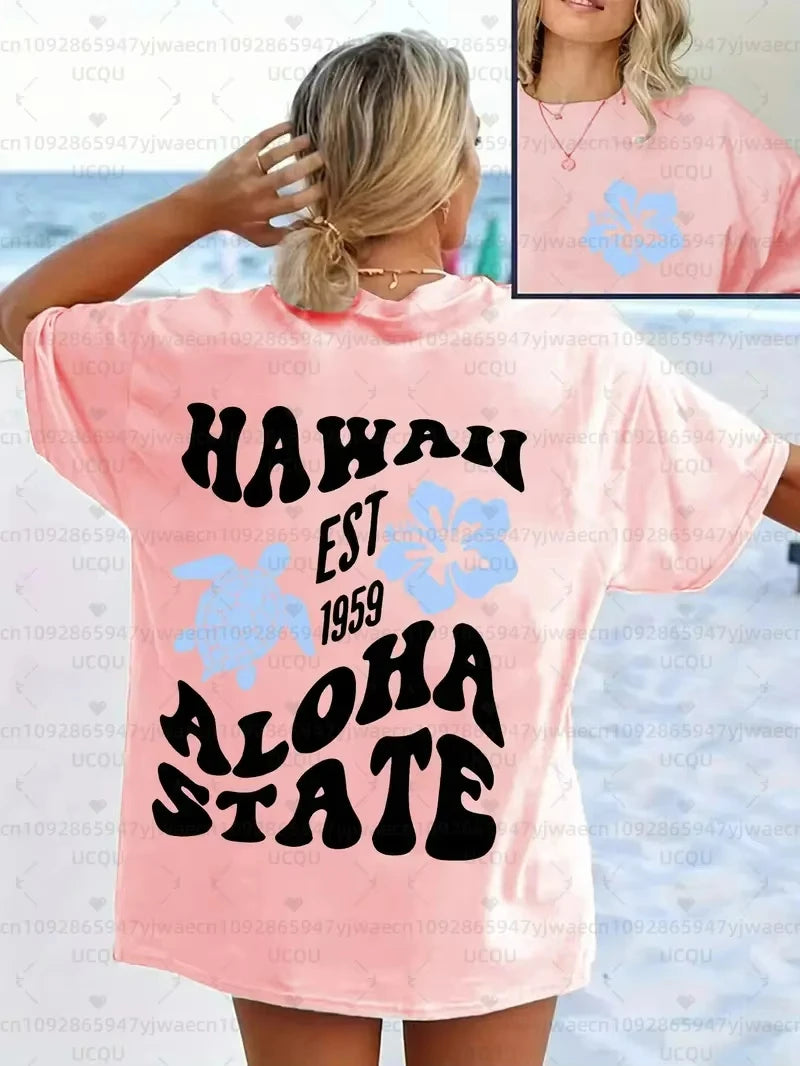 Women's "Let'S Go Hawaii" Graphic T-Shirt Hibiscus Print Casual Short Sleeve Crew Neck Top Beach Outings and Tropical Vibes