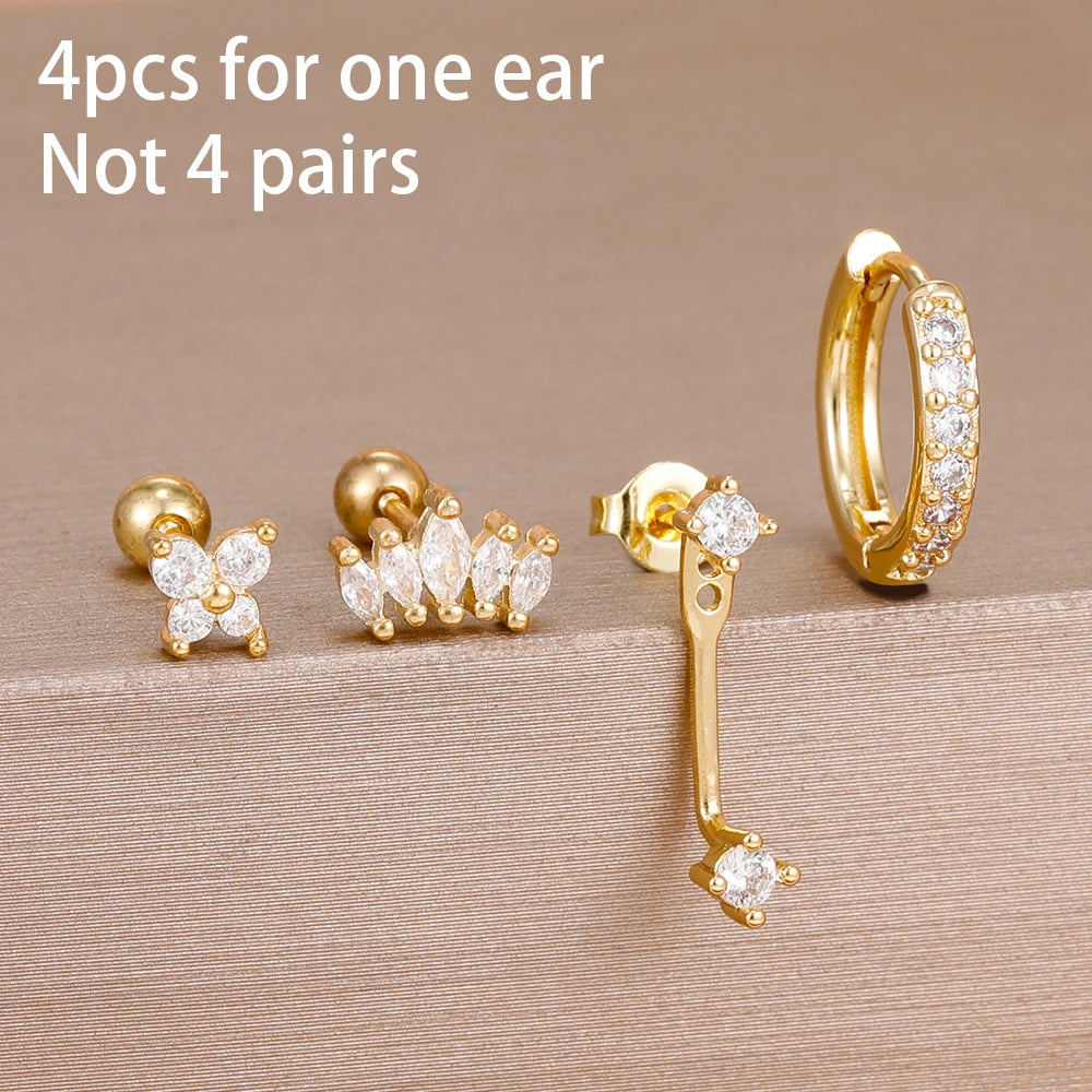 4pcs Stainless Steel Zircon Water Drop Earrings Set