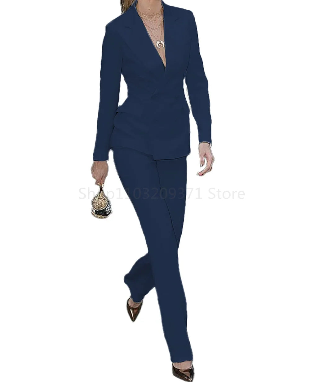Slim Fit Fashion Women Blazer 2 Pcs Vintage Long Sleeve Suit Jackets and Straight Pants Suit Female Lapel Business Casual Dress