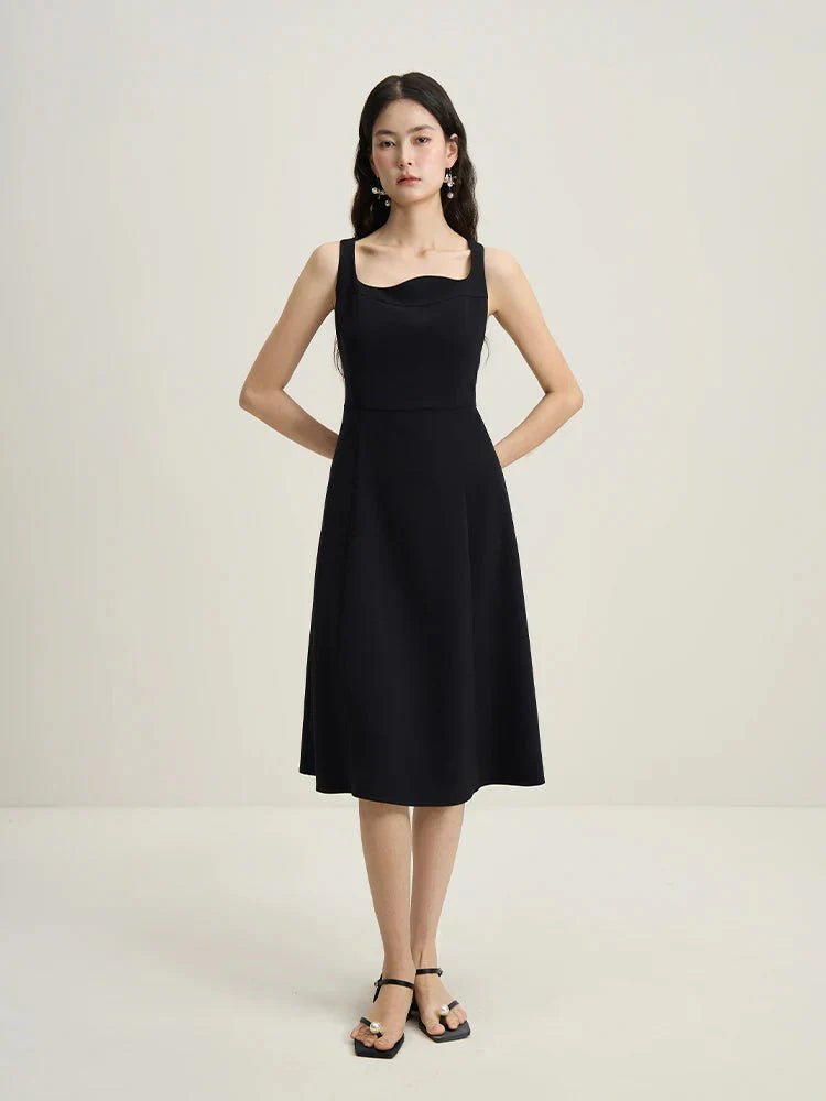 French Style Corrugated Collar Black Dress