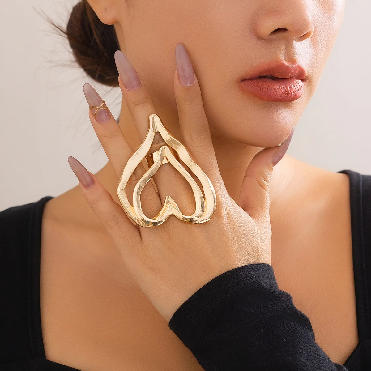 IngeSight.Z Creative Geometric Metal Hollowed Out Double Layer Peach Heart Ring Women Punk Gold Color Finger Ring Party Jewelry