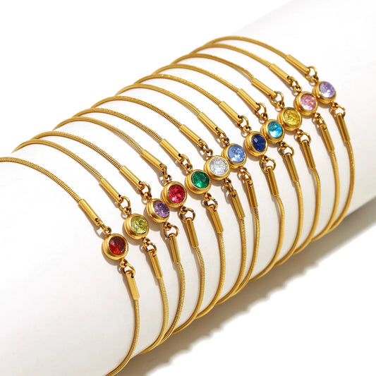 E.B.belle Colorful Round Zircon Birthstone Snake Chain Adjustable Bracelet Chain Gold Plated Stainless Steel Women Chic Jewelry