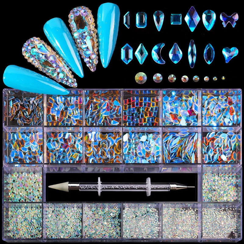 2500pcs Glass Crystal Diamond Flat Bottom Rhinestones Nail Art Decorations 21 Grid Box Nails Accessories Set With 1 Pick Up Pen