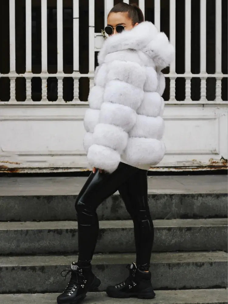Real Fox Fur Winter Jacket with Oversized Hood