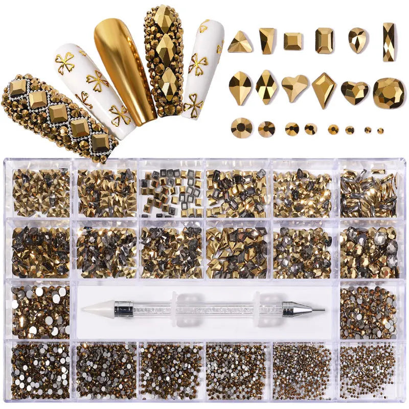 2500pcs Glass Crystal Diamond Flat Bottom Rhinestones Nail Art Decorations 21 Grid Box Nails Accessories Set With 1 Pick Up Pen