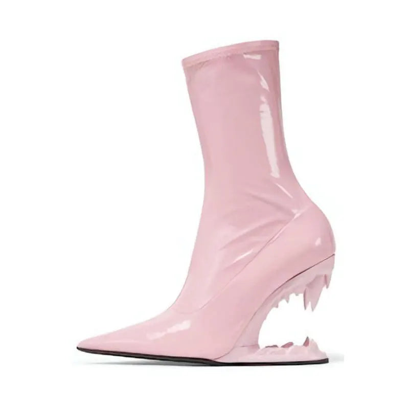 Women's New Pointed Patent Leather Tiger Teeth Slope Heel Fashion Elastic and Calf Short Boots