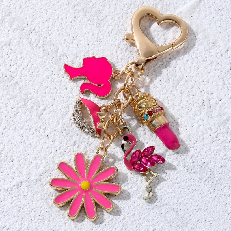 Pretty Rose Red Bag Lips Flamingos Lipstick Enamel Keychain Lovely Heart Animals Key Ring For Women Girls Handmade Jewelry Set