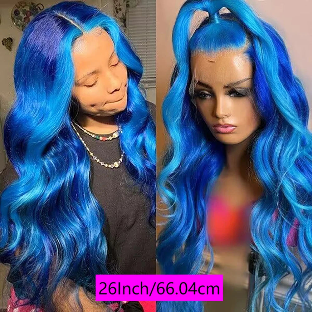 13x4 Lace Front Wig Blue Body Wave Wig Natural Highlight Blue Streak Wave Wigs for Womenen Synthetic Glueless Wigs Daily