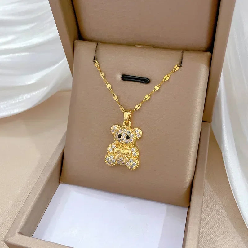 Gold Color Stainless Steel Chain Cute Shiny Zircon Bear Pendant Necklaces for Women Girls Lovely Luxury Jewelry Accessories Gift