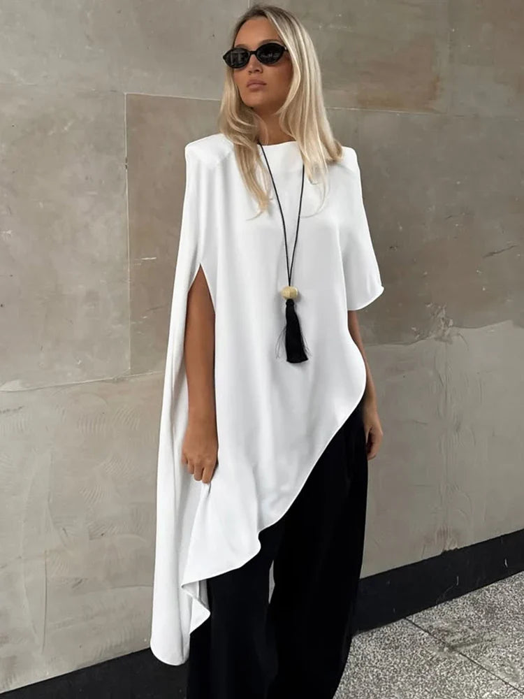Trendix White Asymmetrical Cover Up For Women Fashion Ruffle Hem Loose Short Sleeve Shirts Casual Elegant Commuting Pullover Top