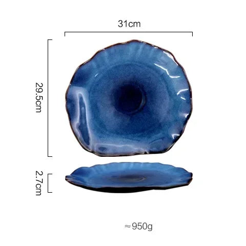 Ceramic Plates Deep Blue Irregular Flat Plate Pottery Dish Household Decoration Tableware Dinnerware Tray Hotel Kitchen Supplies