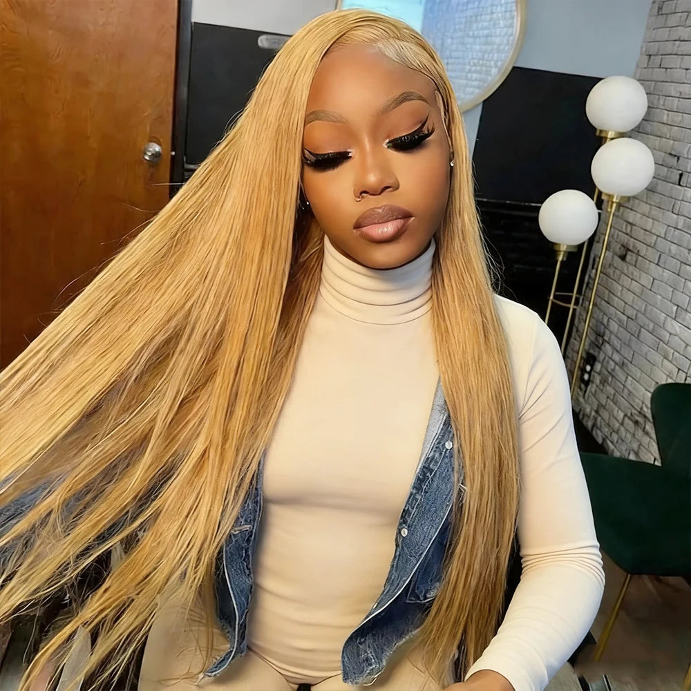 Honey Blonde Wig Human Hair Bone Straight Wigs 13x6 Hd Lace Frontal Wigs 200% Density 27# Blonde