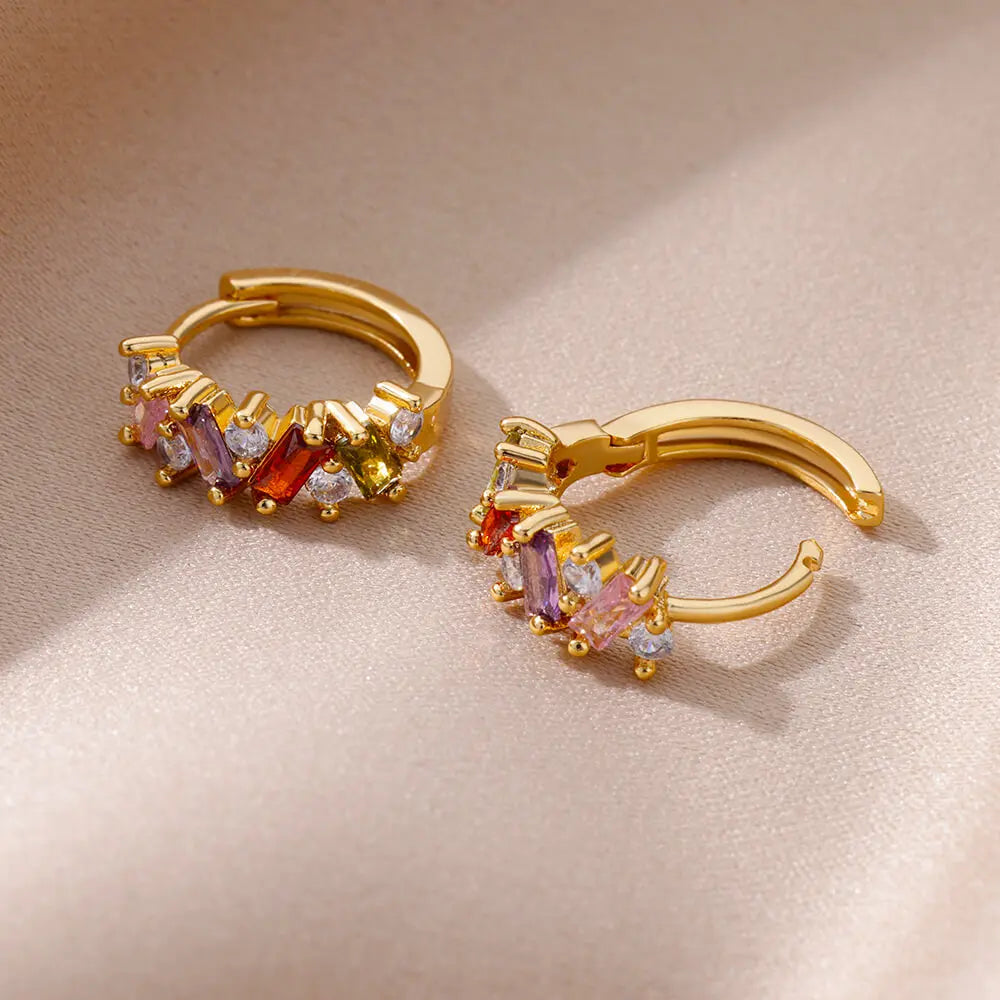 Rainbow Cubic Zirconia Hoop Earrings For Women 2023 Trending Round Gold Plated Stainless Steel Earrings Luxury Jewelry Gifts