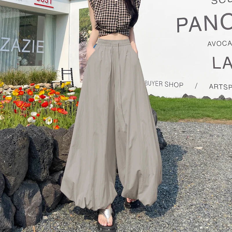 Women's Oversized High Waist Wide Leg Pants Spring Summer Solid Color Casual Cropped Pants Woman Loose Puffy Lantern Trousers