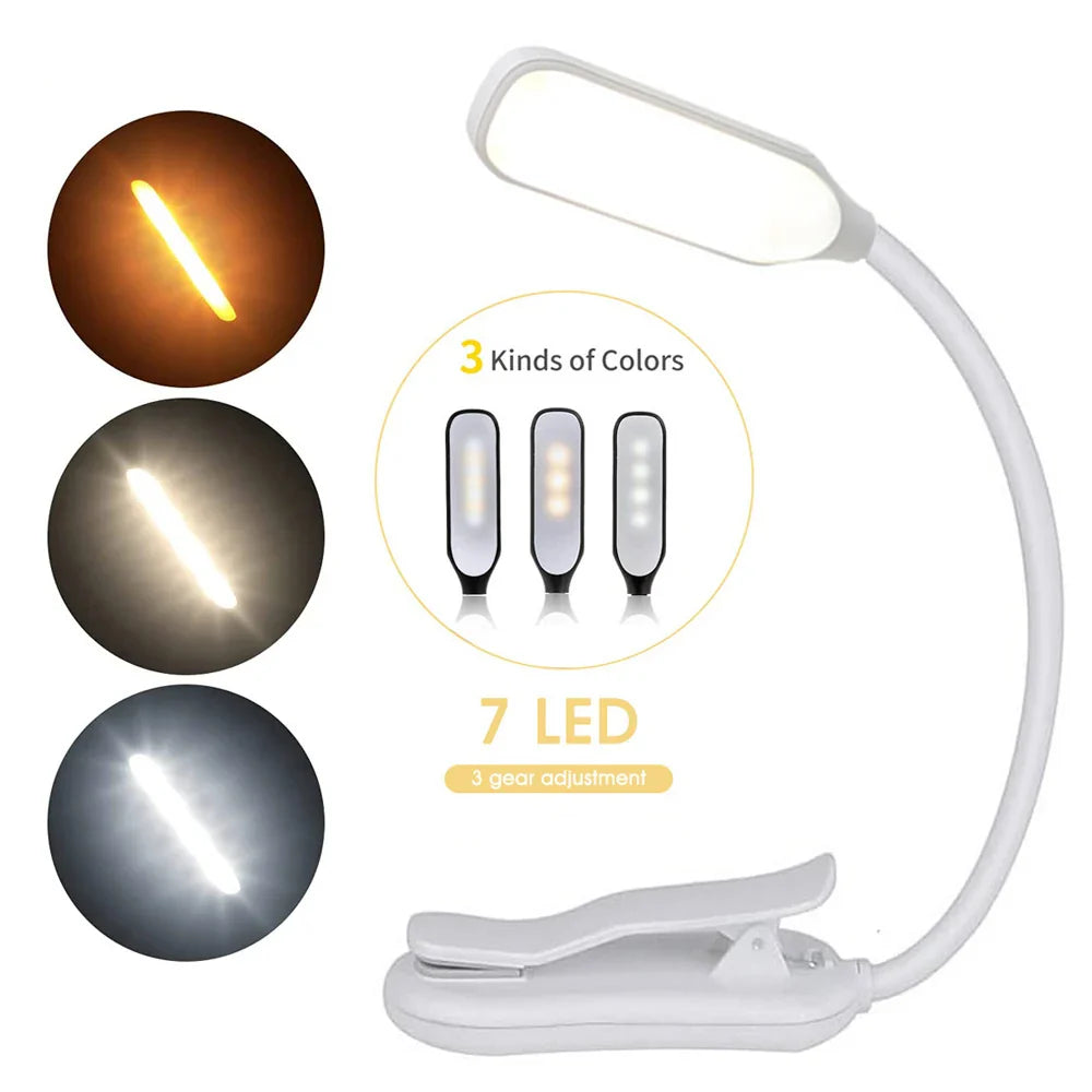Book Light Mini 7 LED Reading Light Rechargeable 3-Level Warm Cool White Flexible Easy Clip Lamp Read Night Reading Lamp in Bed