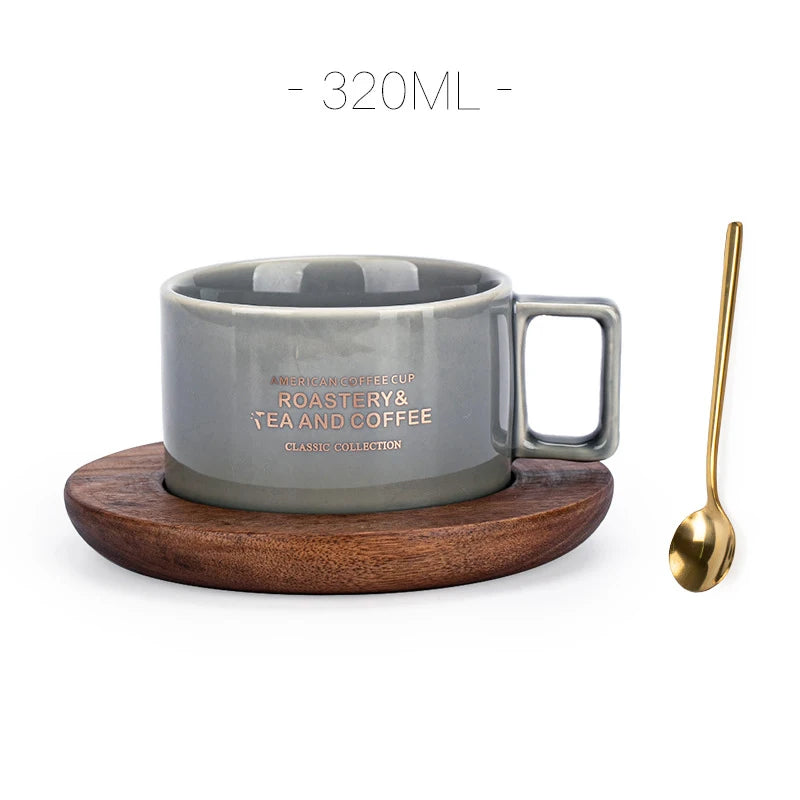 American Style Coffee Cup and Plate Set Trendy Retro Ceramic Cup with Spoon Couple Style Water Cup Creative Gift