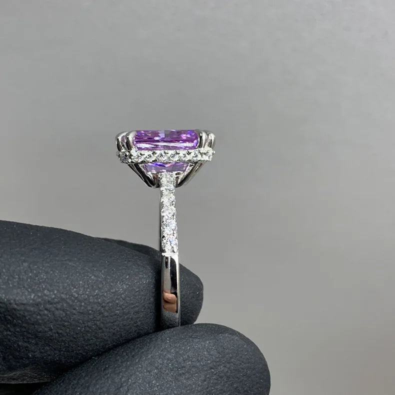Exquisite Princess Purple Crystal Rings for Women Luxury 14K White Gold Plated Engagement Bride Resizable Ring Jewelry