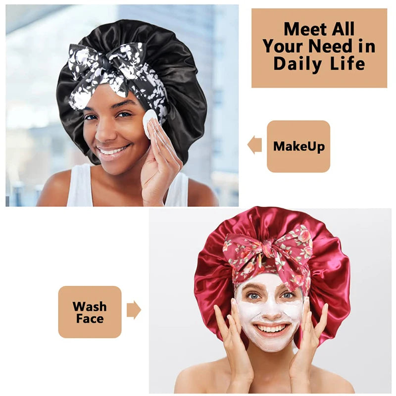 New Silky Bonnet for Sleeping Women Satin Bonnet Night Sleep Cap Large stretch printed ribbon colored nightcap hair care cap