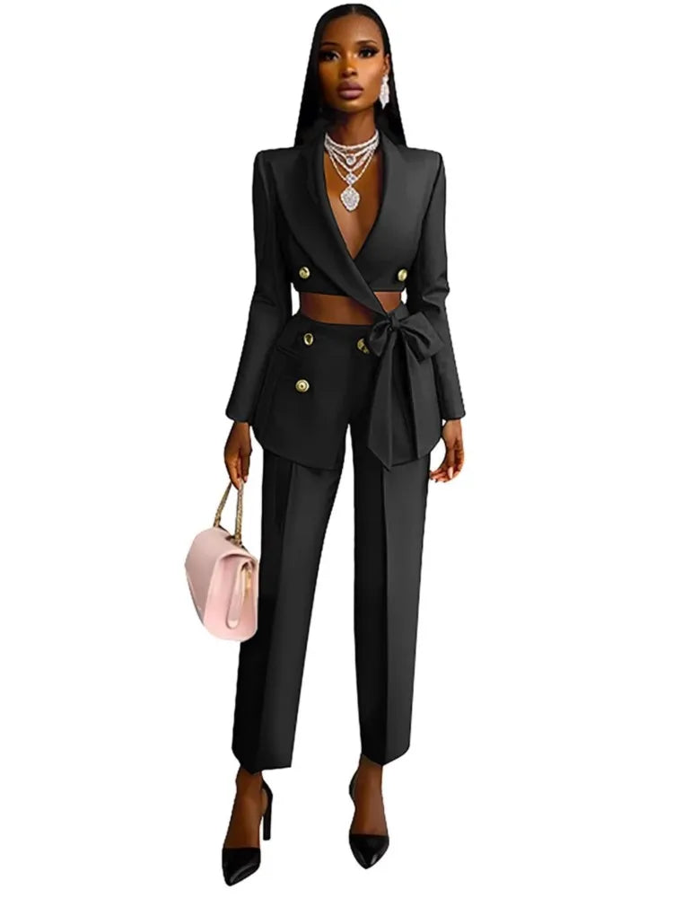 Sexy Waist Exposed Ultra Short Blazer Top Women's Pants 2 Piece Set Spring Fashion Cross Strap Tops Slim Suit Office Pants Suit