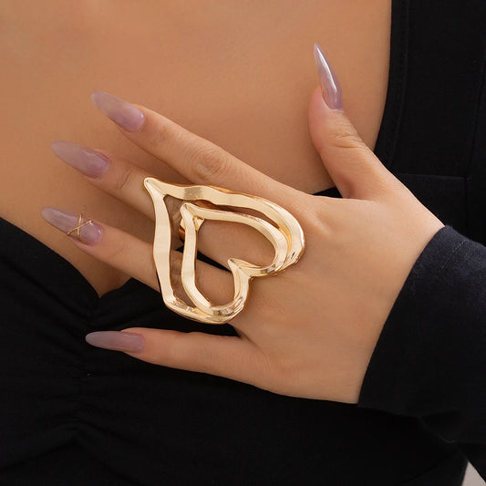 IngeSight.Z Creative Geometric Metal Hollowed Out Double Layer Peach Heart Ring Women Punk Gold Color Finger Ring Party Jewelry