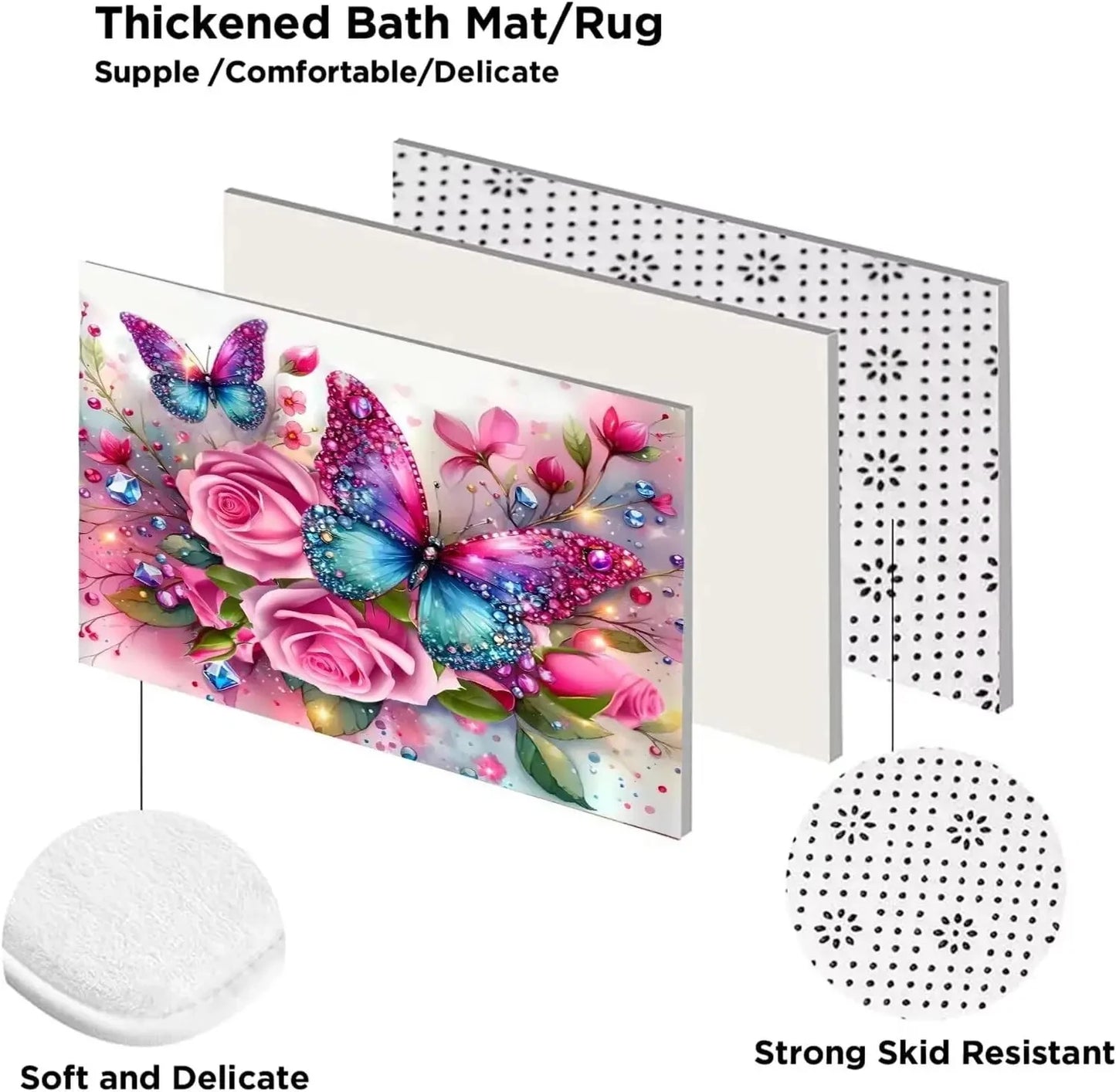 4Pc Pink Glitter Floral Shower Curtain Set Rose Bathroom Sets Butterfly Diamond Shower Curtain with 12 Hooks Bathroom Decor with