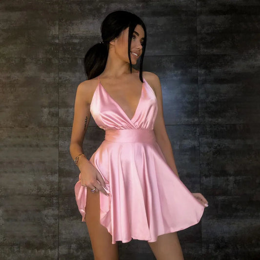 Women Sexy Summer Dress Hotsweet Party Spaghetti Strap Bow Big Swing Female Bckless Club Fashion Sleeveless New Mini Clothing