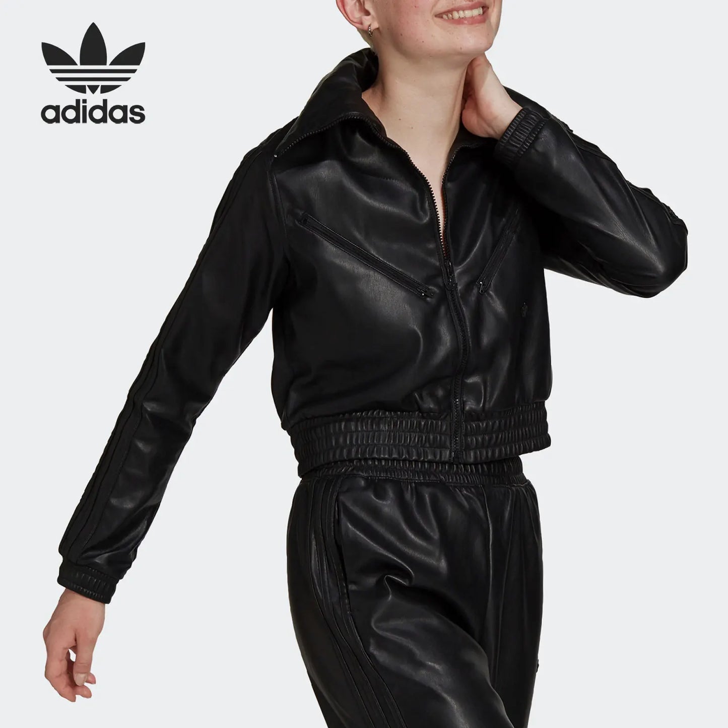 Adidas Originals Womens Trefoil Leather Short Sport Jacket H66349