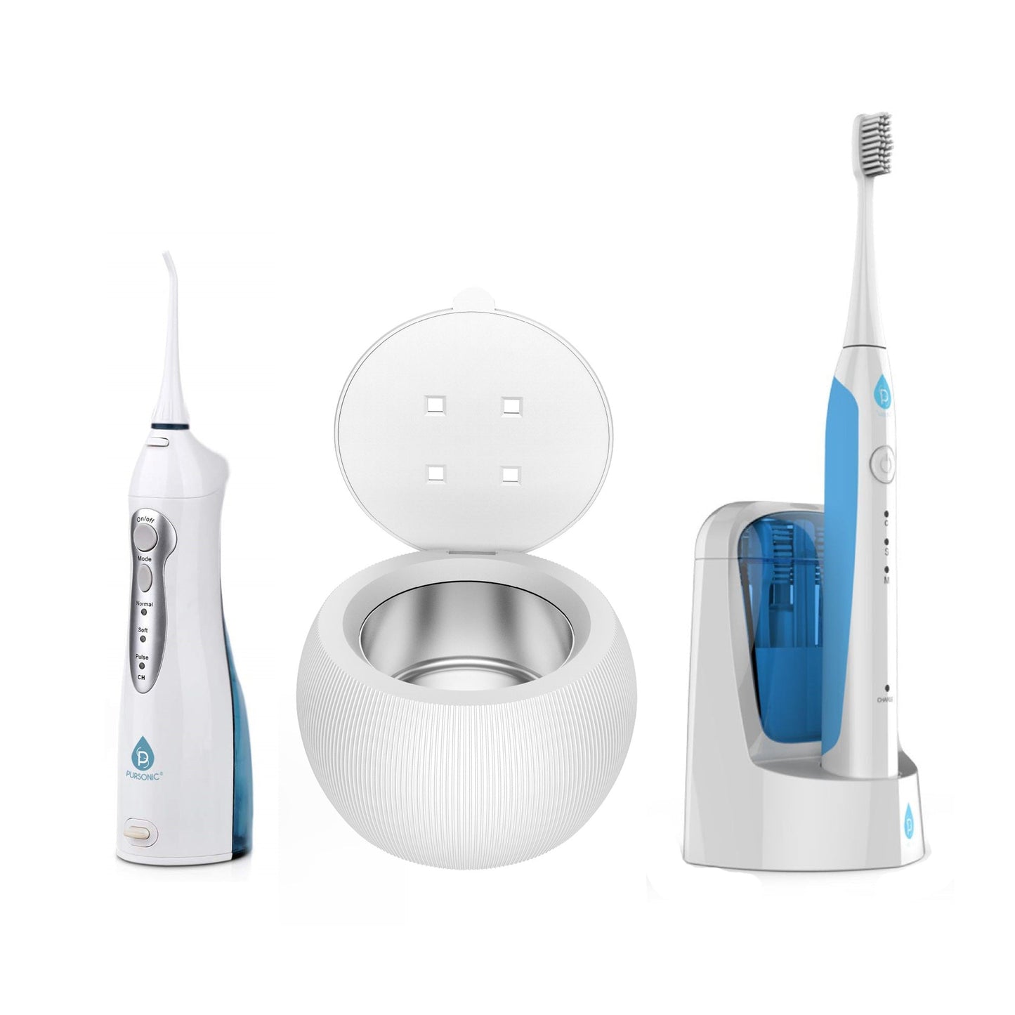 Complete Oral Care Bundle – UV Sonic Toothbrush W 12 Brush Heads, Ultrasonic UV-C Cleaner Pod & Rechargeable Water Flosser-0