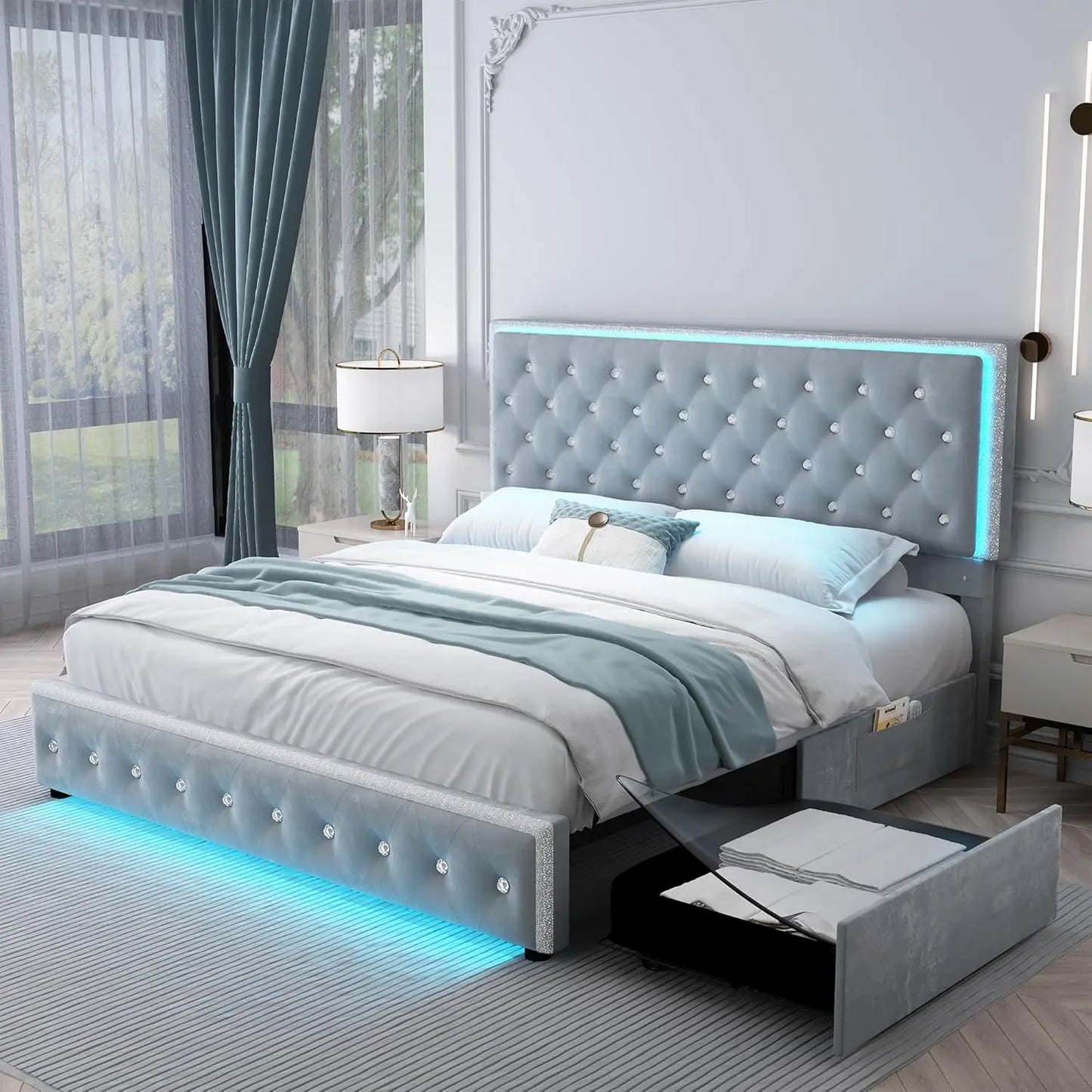 LED Bed Frame with 2 Drawers, Storage Platform Beds with Upholstered Crystal Button Tufted Headboard Footboard, 2 Side