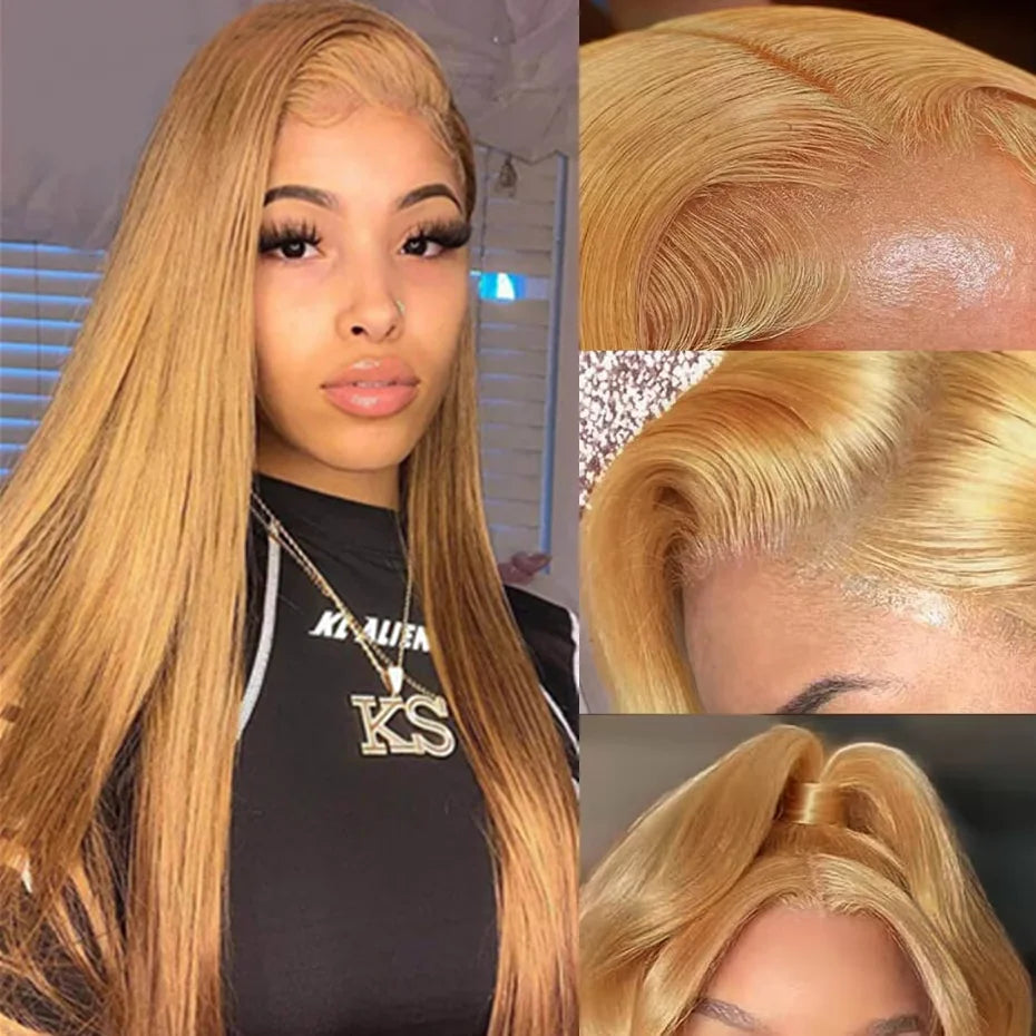 Honey Blonde Wig Human Hair Bone Straight Wigs 13x6 Hd Lace Frontal Wigs 200% Density 27# Blonde
