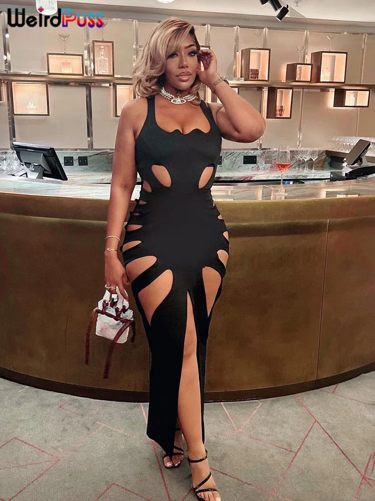 Hollow Dress New Sleeveless Split Solid Skinny Stretch Maxi Bodycon Clubwear Coquette Slim Vestidos
