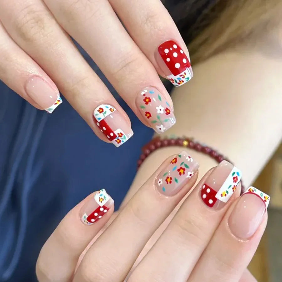 24pcs/set short medium long fake nails Spring flowers flora for St. Patrick's Day faux ongles press on acrylic false nail art