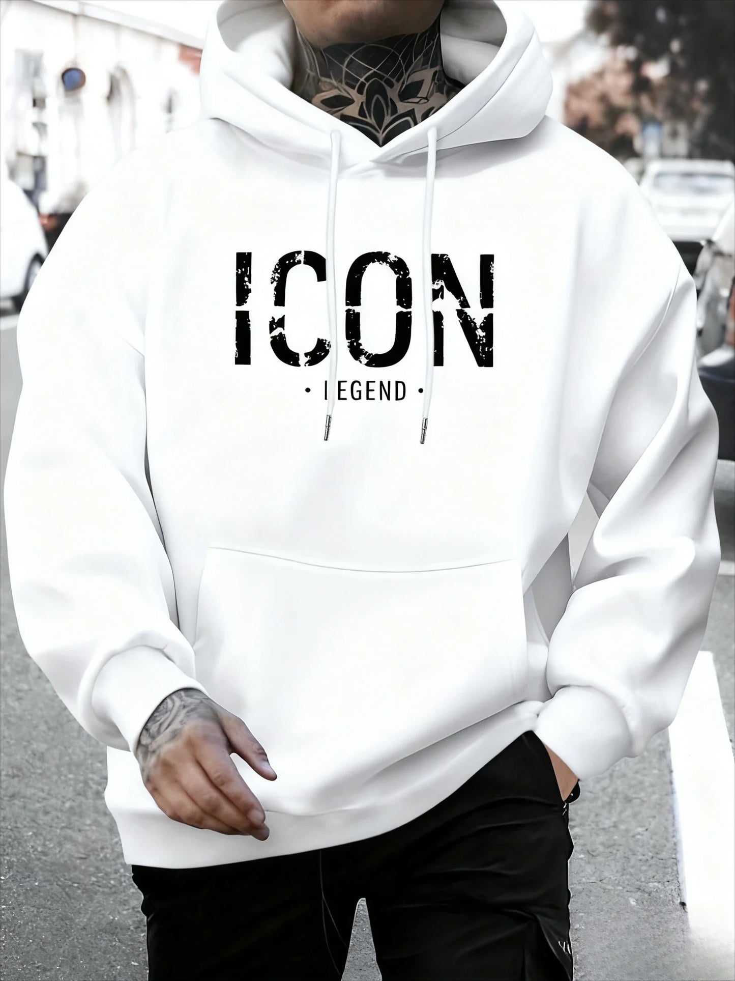 Men's Casual Pullover Sport Hoodie with "ICON" & "LEGEND" Graphic Print Fashion Hoodie