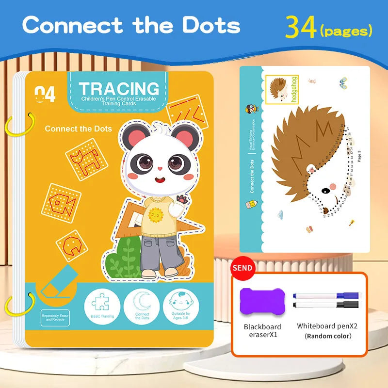 34-Page Children's Reusable Workbook Set with Erasable Pen - Early Learning of Writing and Drawing Skills Development, Educational Books for Pen Control Training, Innovative Learning - Perfect Choice for Christmas and Birthda