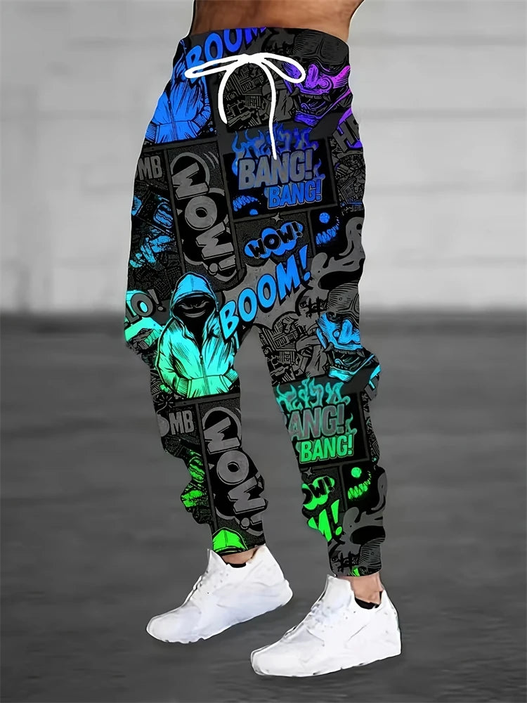 Men's Casual Pants Fashion 3D Colorful Graffiti Print Outdoor Trend Drawstring Pants Large Size Men's Hip Hop Pants